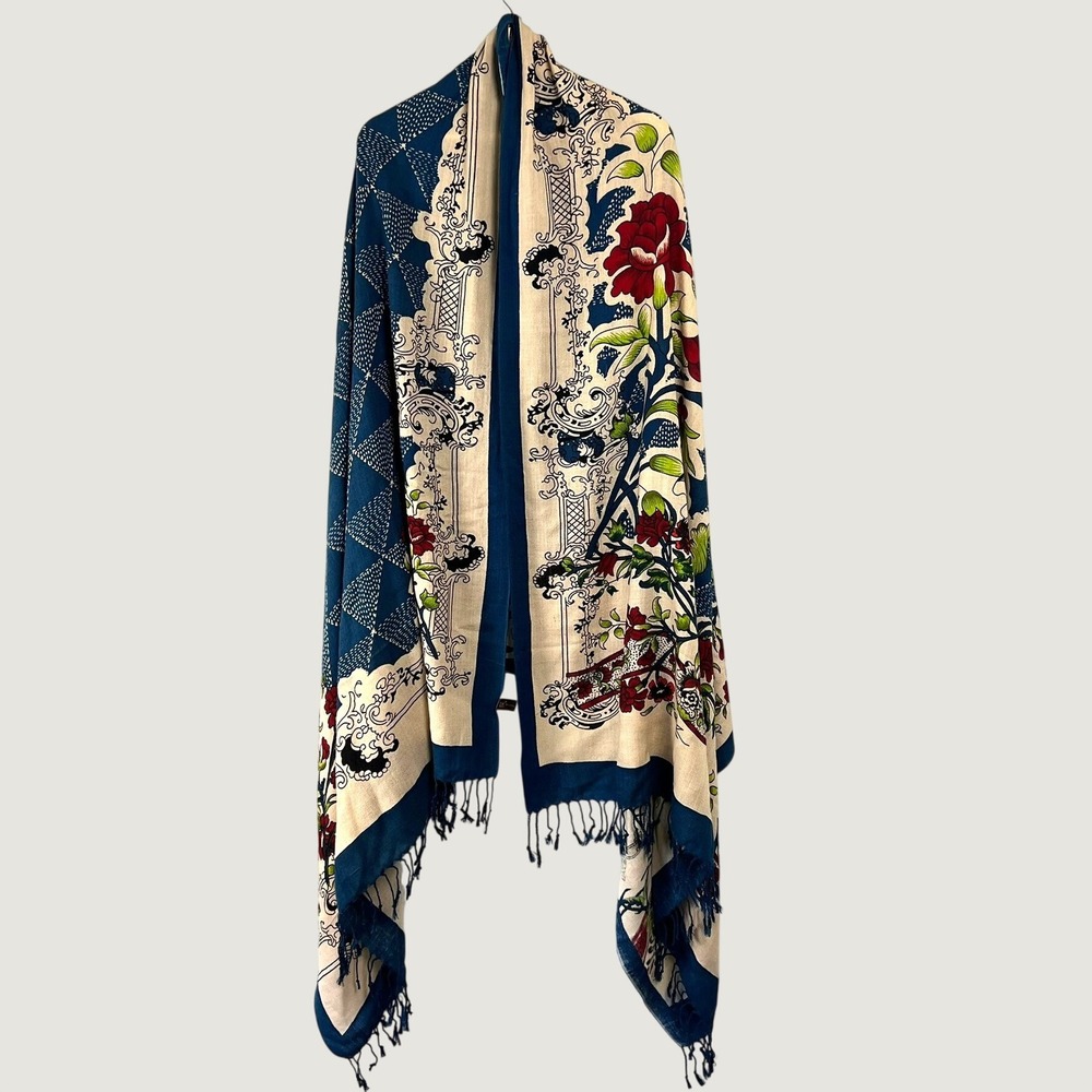 Dana Xu 100% Wool Shawl Scarf Blue Floral Pashmina Geometric Fringe Wrap 86x42